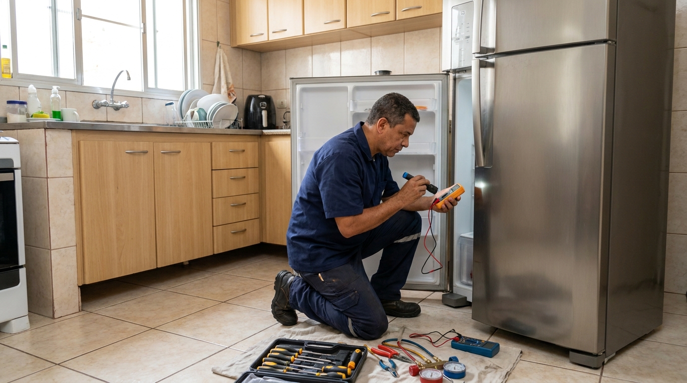 Técnico aplicando recarga de gás refrigerante em geladeira em Passo Fundo‑RS